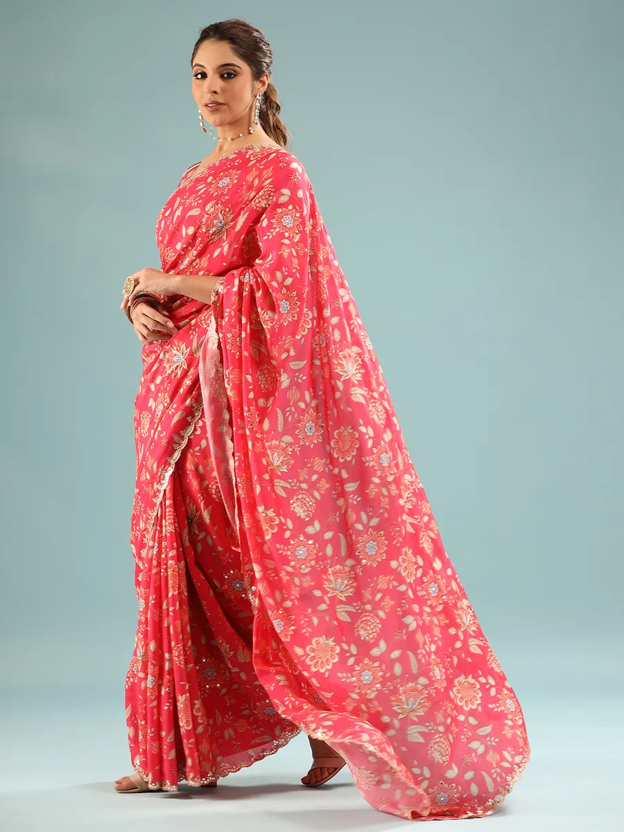 Red printed satin saree