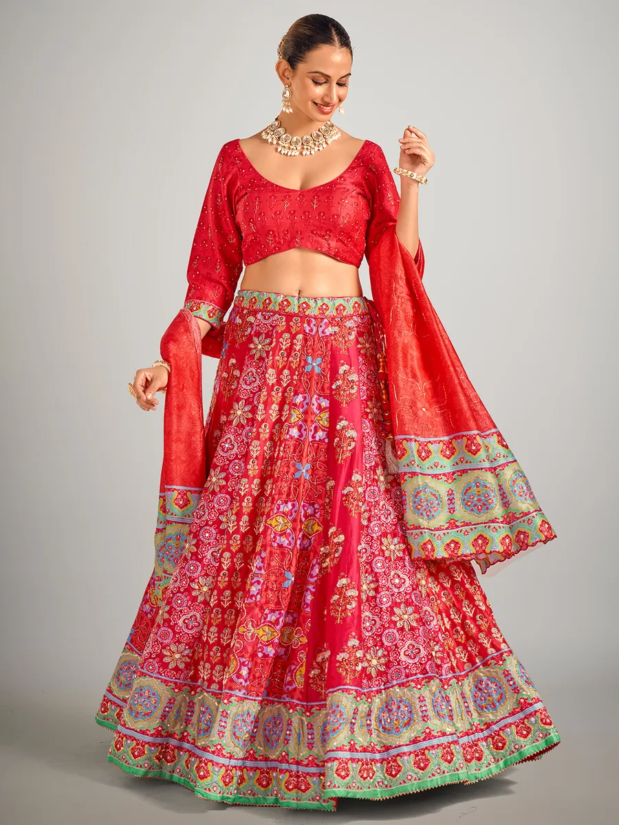 Red printed silk wedding wear lahenga choli