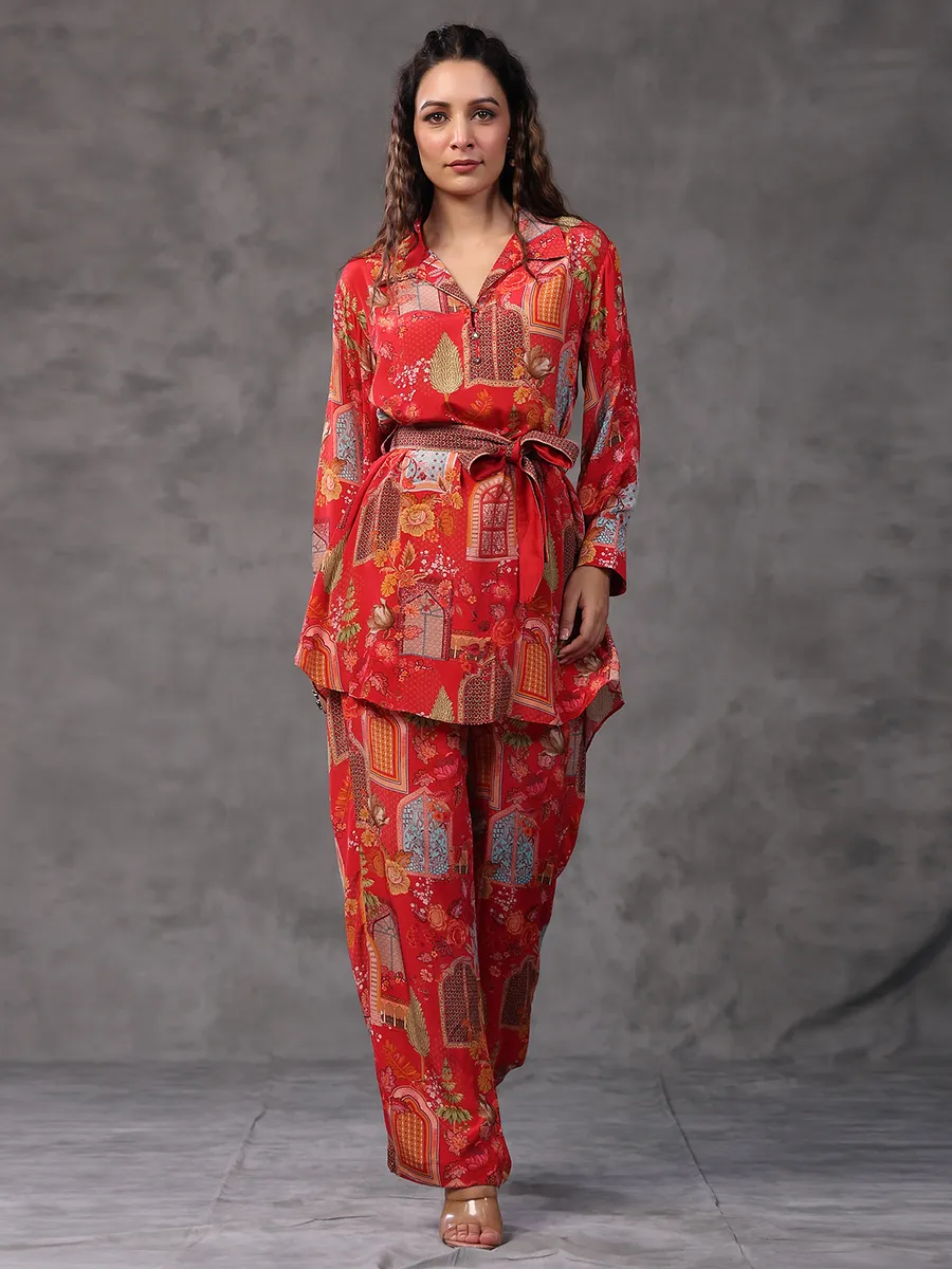 Red printed viscose crepe co ord set