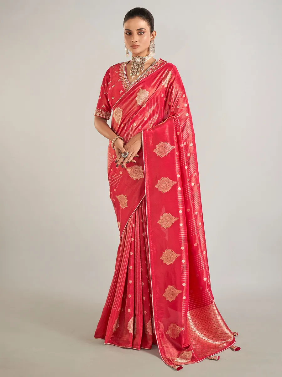 Red shimmer dola silk saree for wedding
