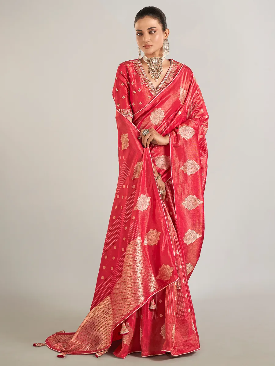 Red shimmer dola silk saree for wedding