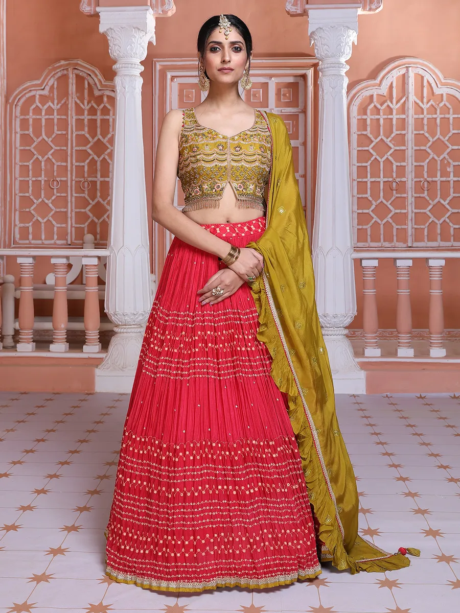 Red chinon lehenga choli with contrast dupatta