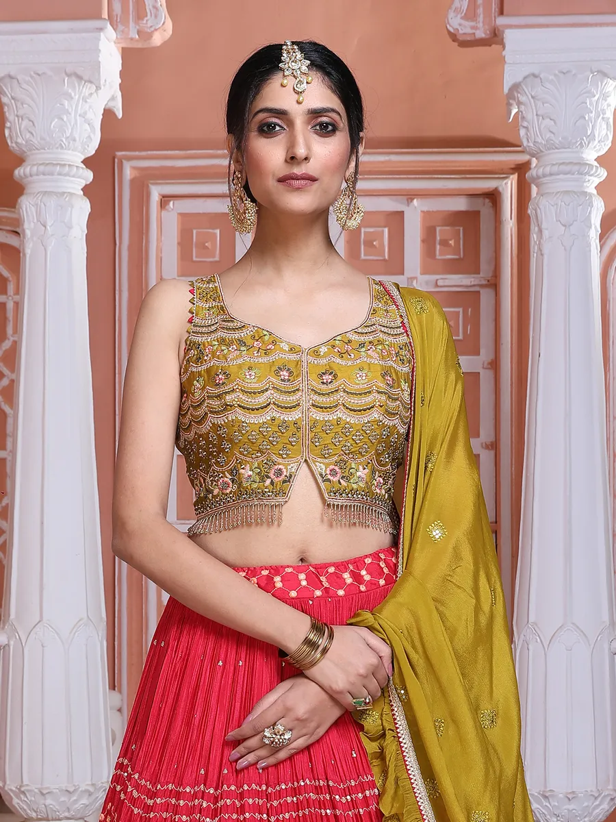 Red chinon lehenga choli with contrast dupatta