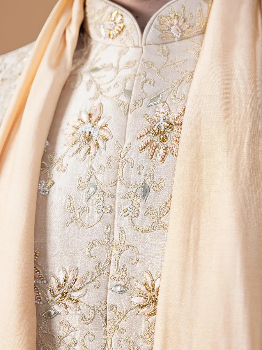 Rich beige raw silk sherwani