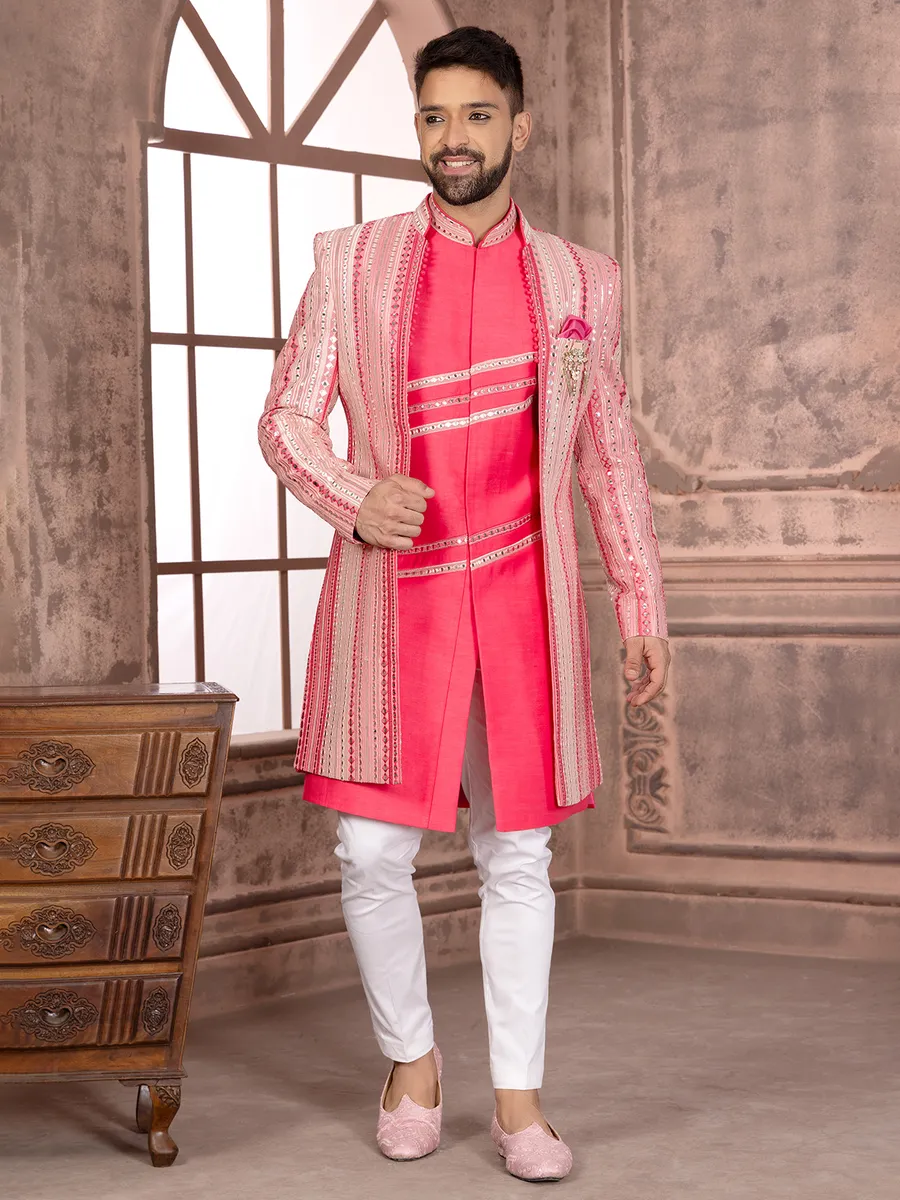 Rich pink silk wedding look indowestern