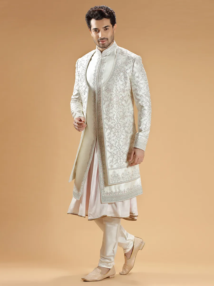 Rich raw silk cream sherwani