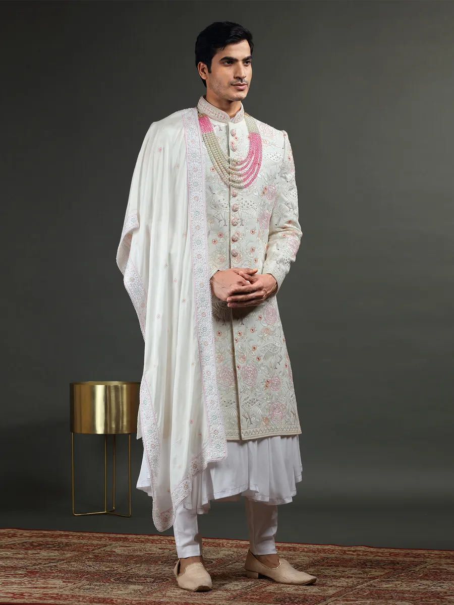 Rich white silk groom sherwani