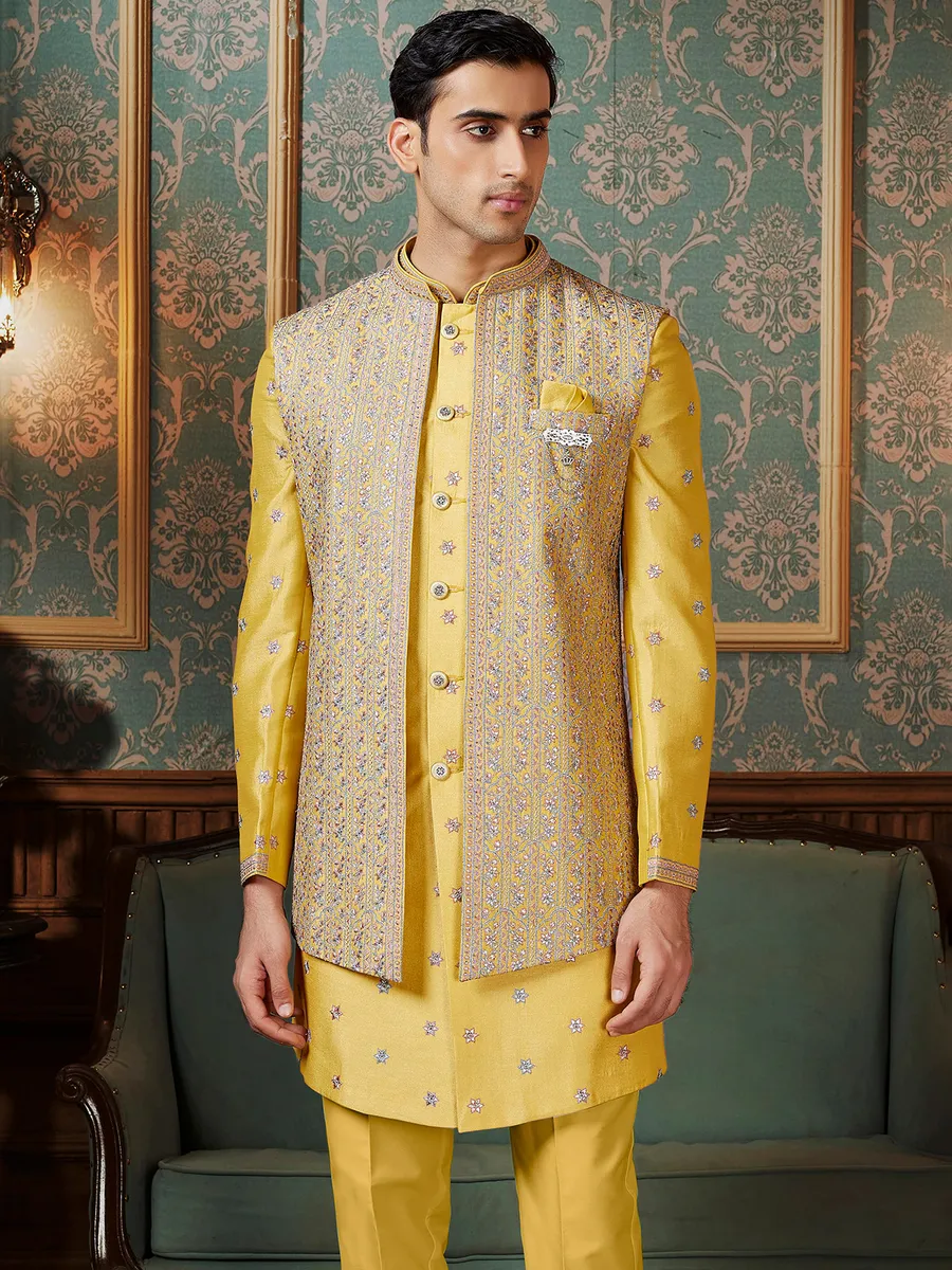 Rich yellow raw silk Indowestern with zari embellishment