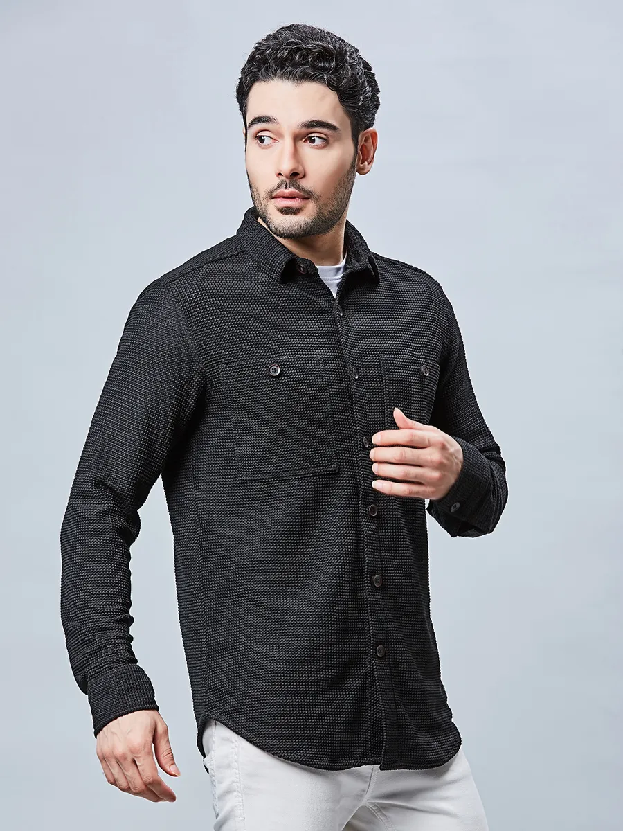 RIVER BLUE black textured slim fit casual shirt