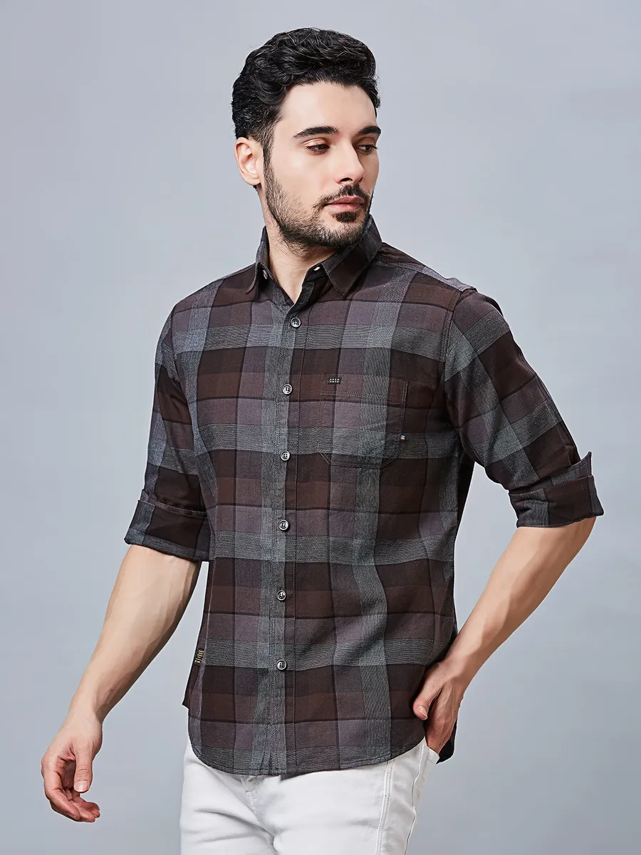 RIVER BLUE coffe cotton shirt in checks pattern