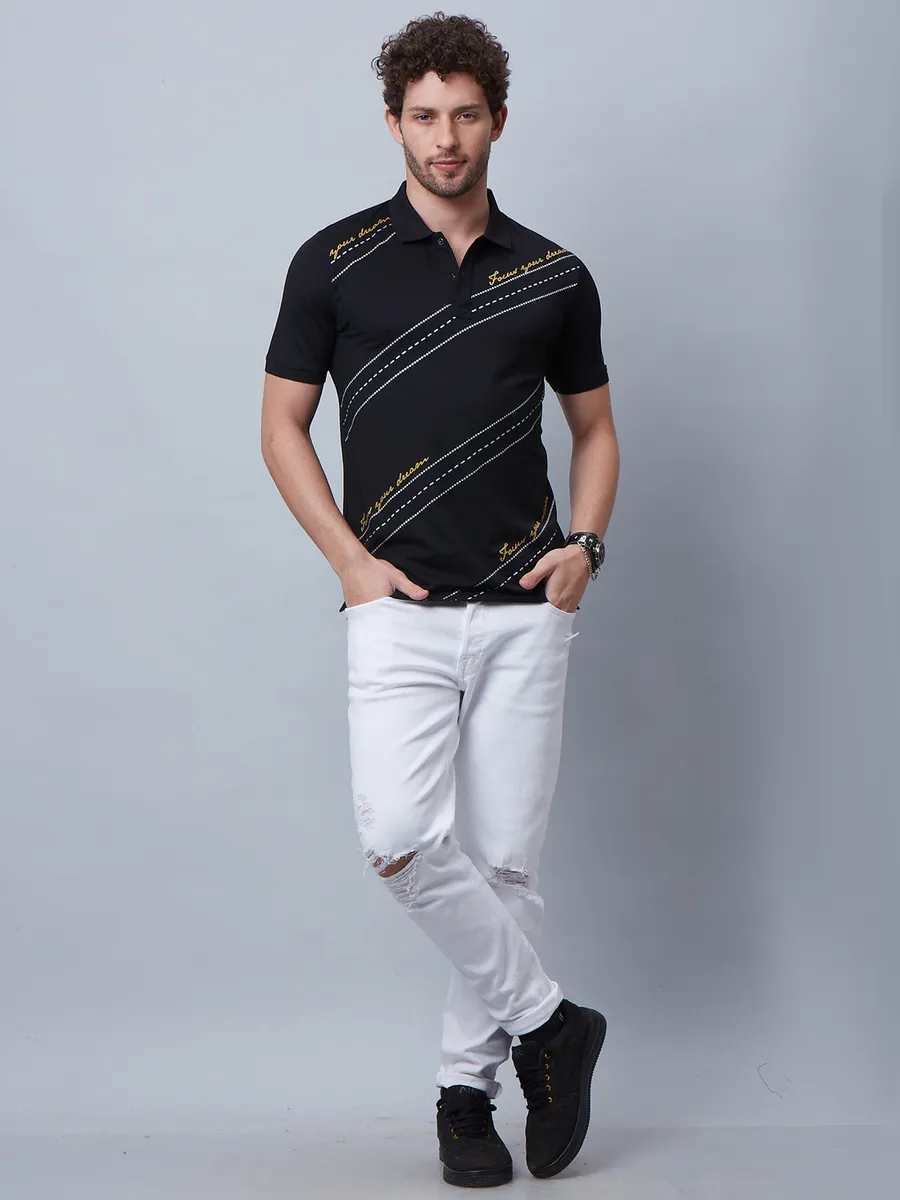 River Blue cotton printed black polo t shirt