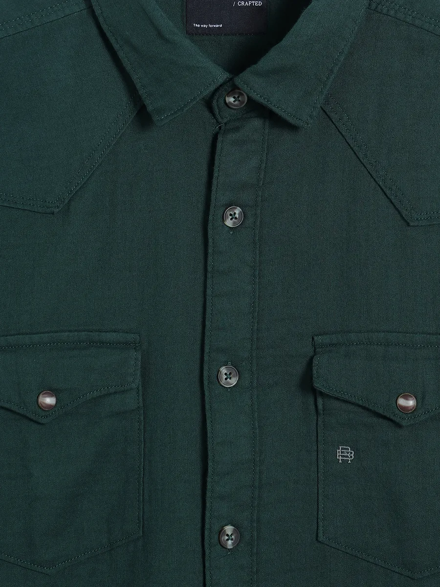 RIVER BLUE dark green plain cotton shirt