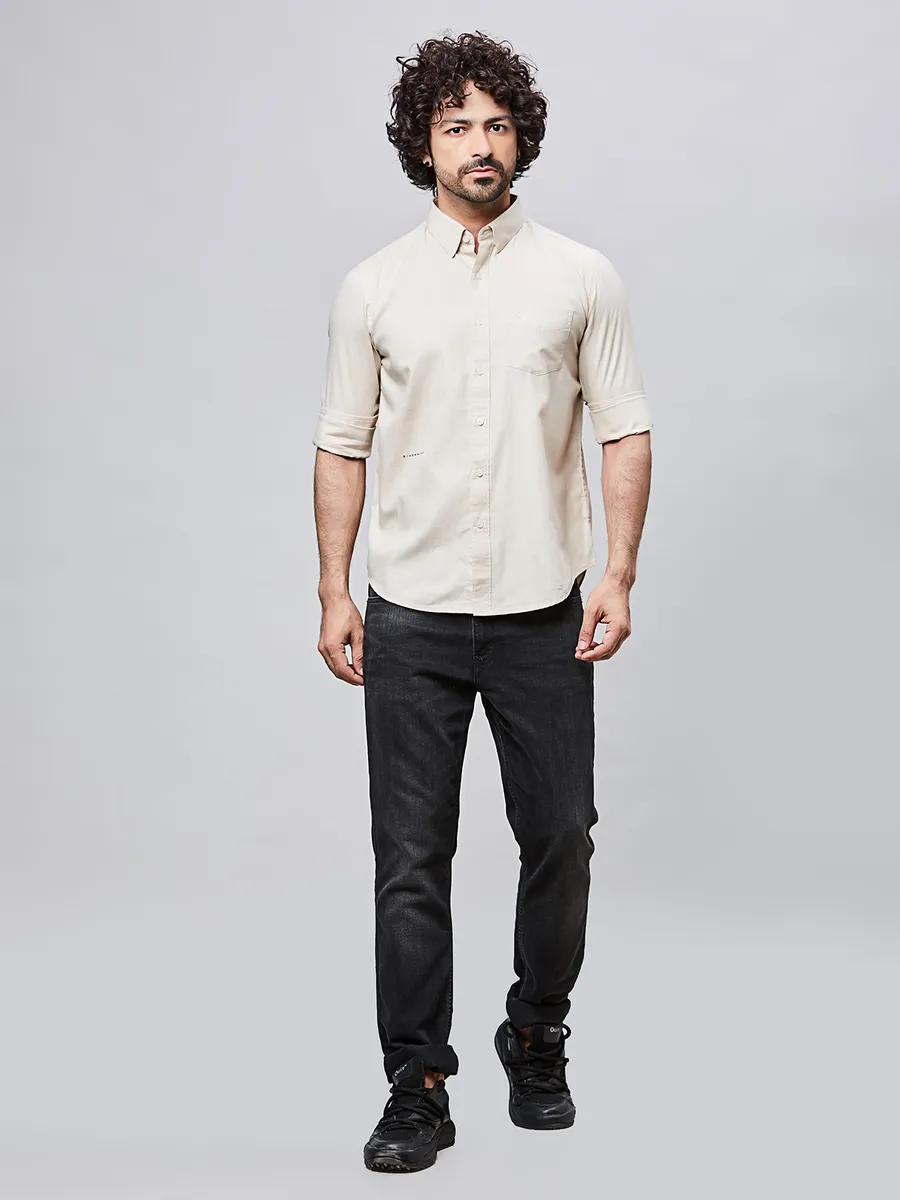 RIVER BLUE fawn solid slim fit cotton shirt
