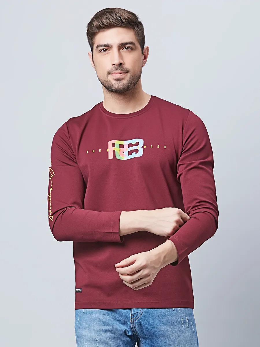 River Blue maroon full sleeves cotton t shirt