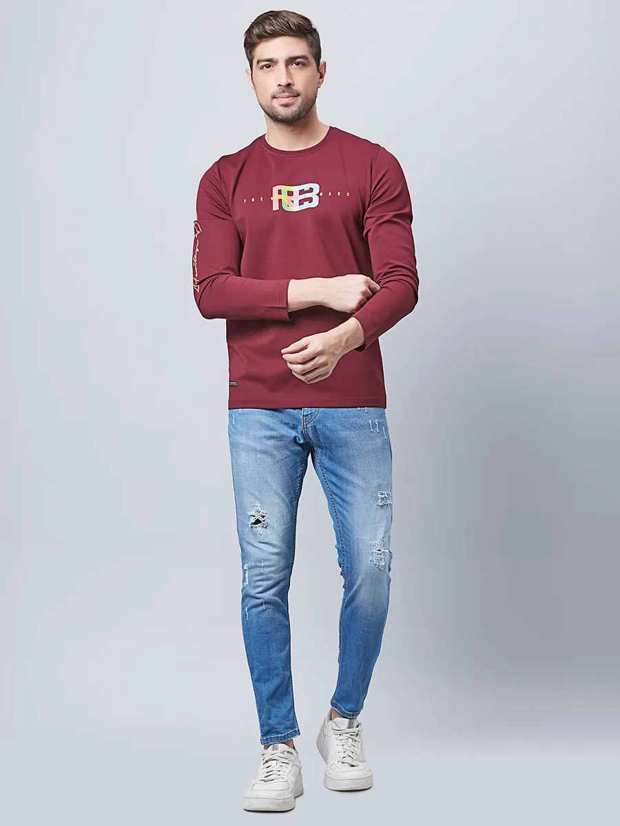 River Blue maroon full sleeves cotton t shirt