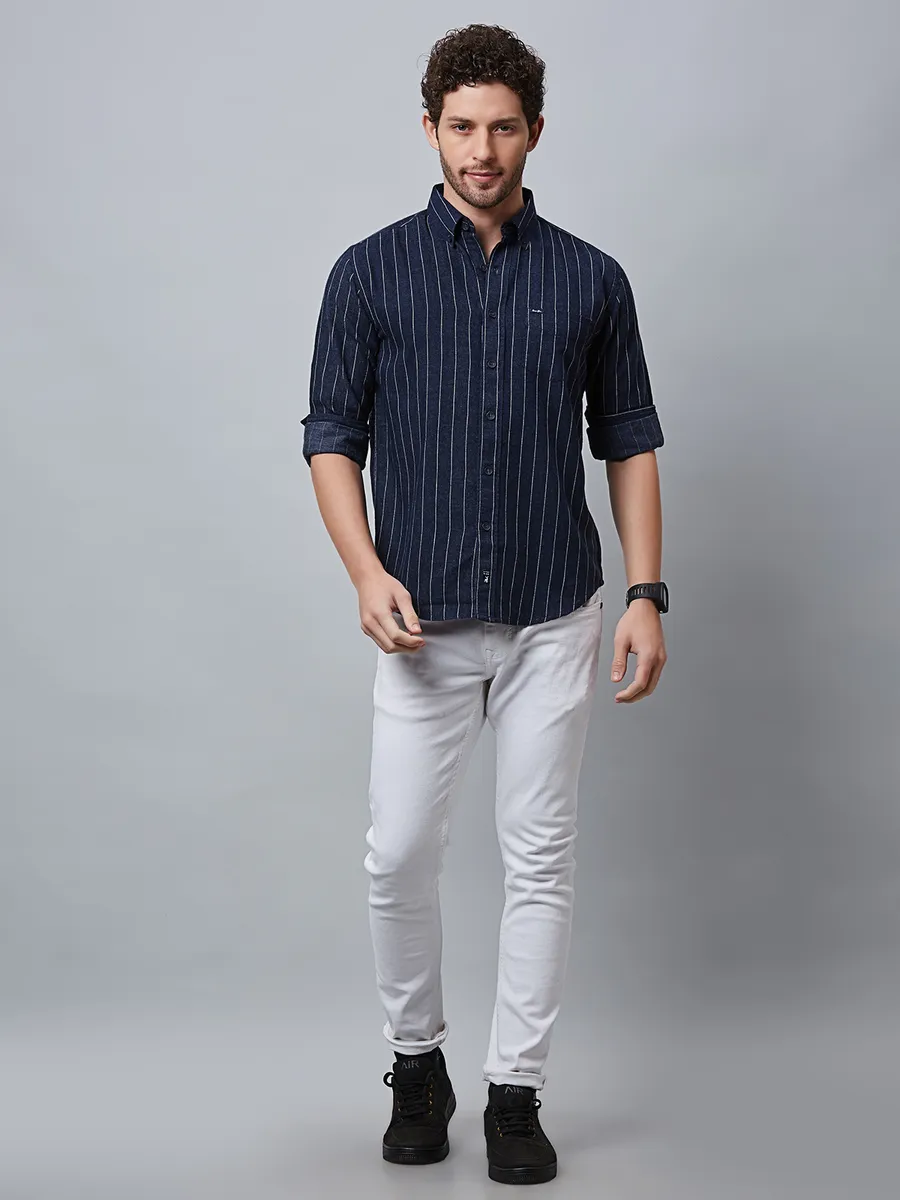 River Blue navy cotton shirt in stripe