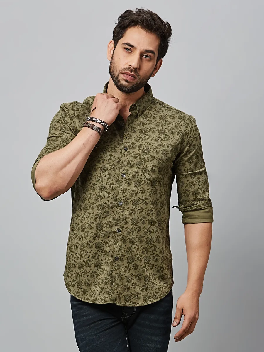 River Blue olive cotton printed shirt