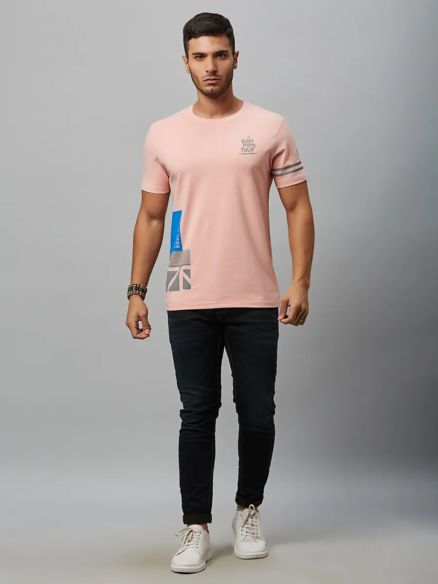 River Blue pink printed cotton half sleeves t shirt