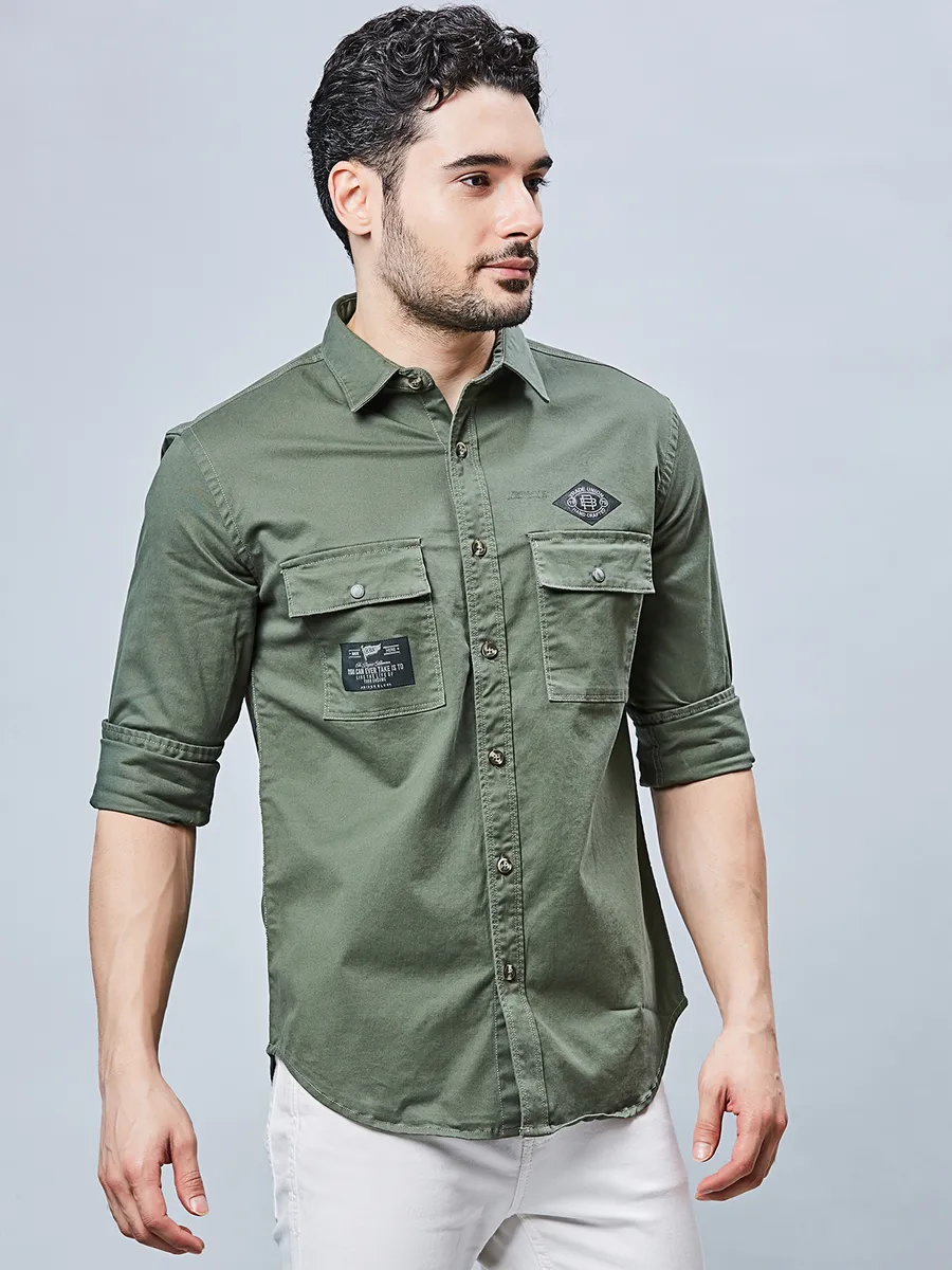 RIVER BLUE plain cotton men shirt in olive