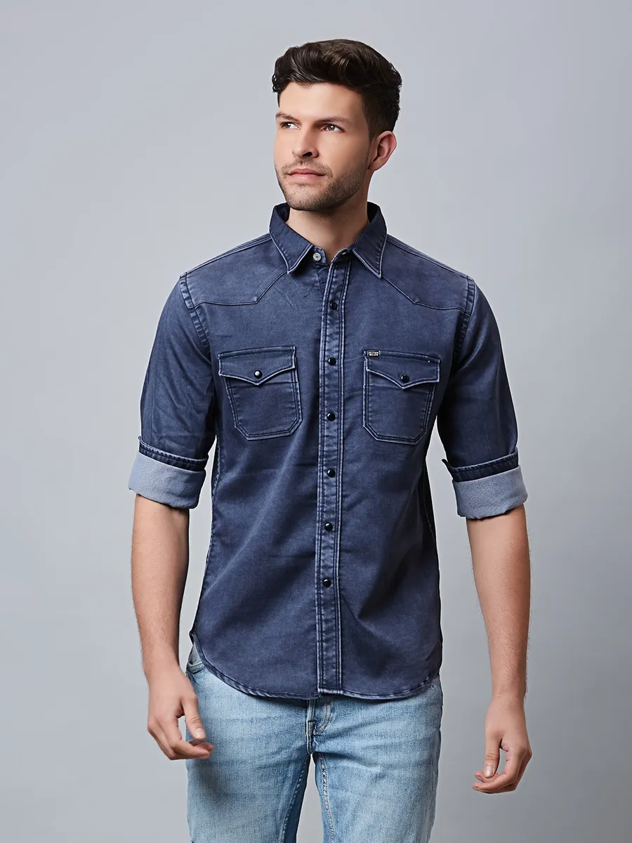 River Blue plain navy denim shirt