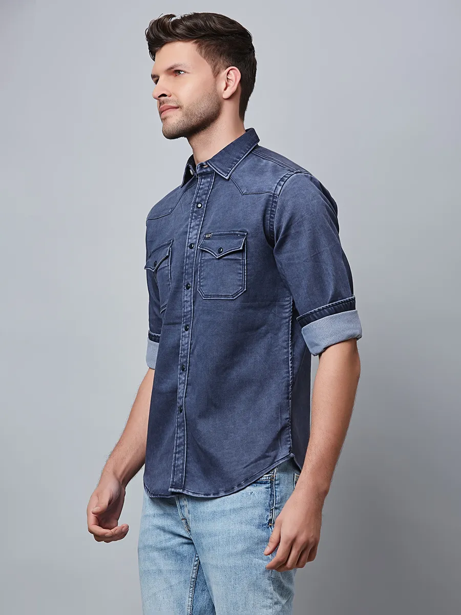 River Blue plain navy denim shirt