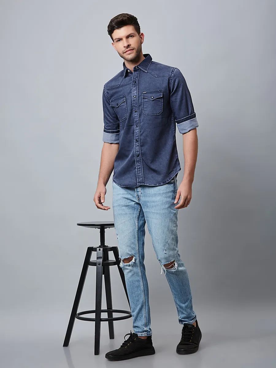 River Blue plain navy denim shirt