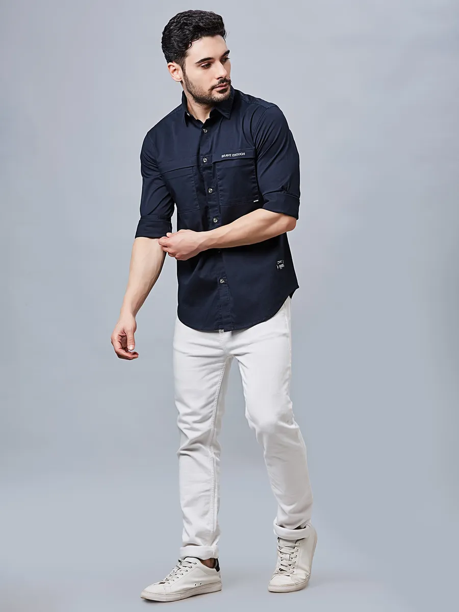 RIVER BLUE plain slim fit cotton blue men shirt