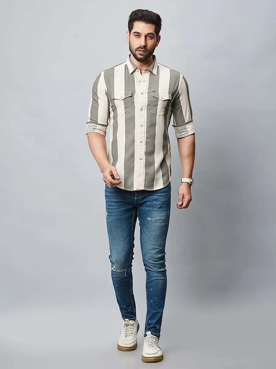 River Blue stripe cream and olive shirt
