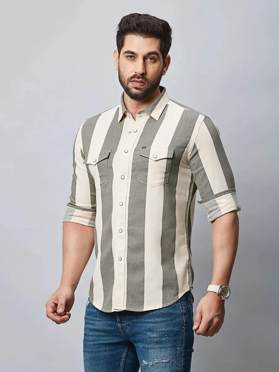 River Blue stripe cream and olive shirt