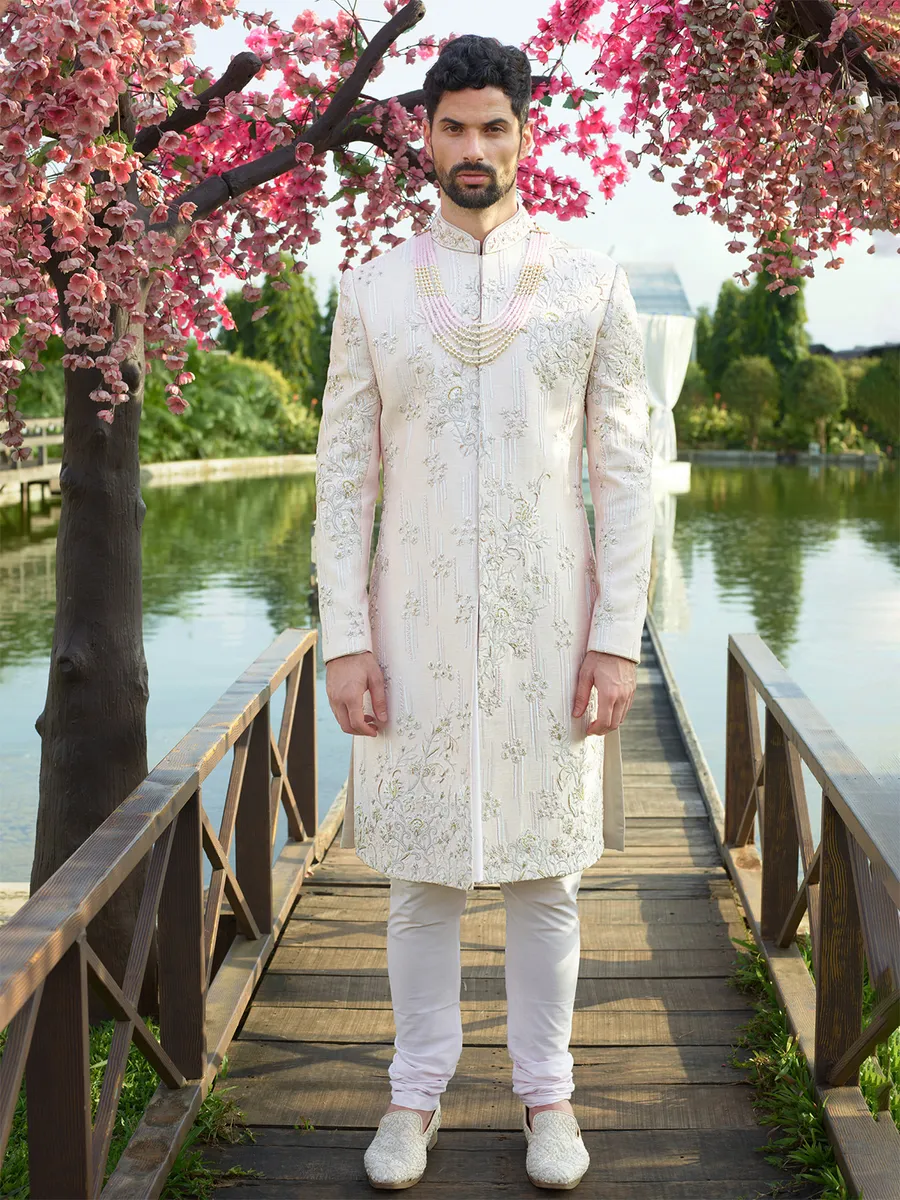 Royal light pink silk sherwani