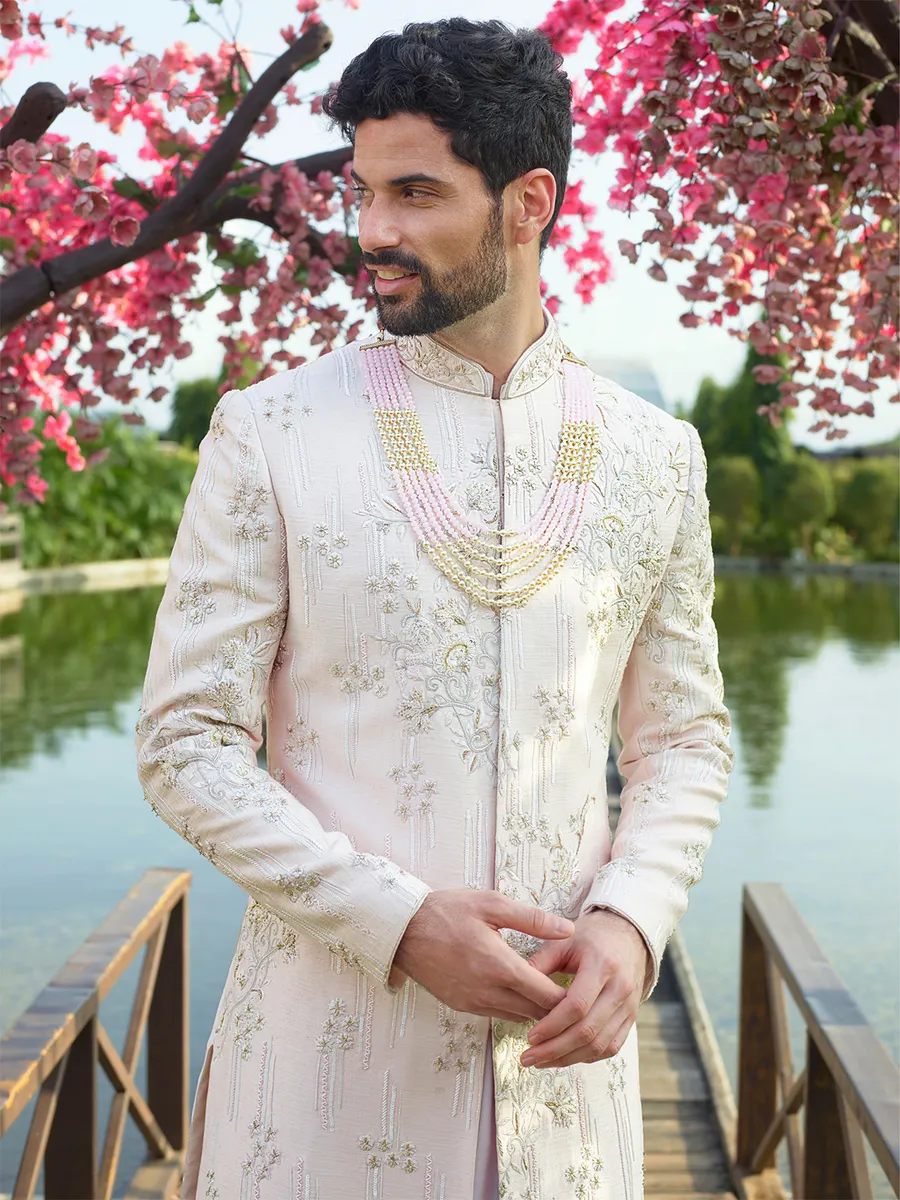 Royal light pink silk sherwani