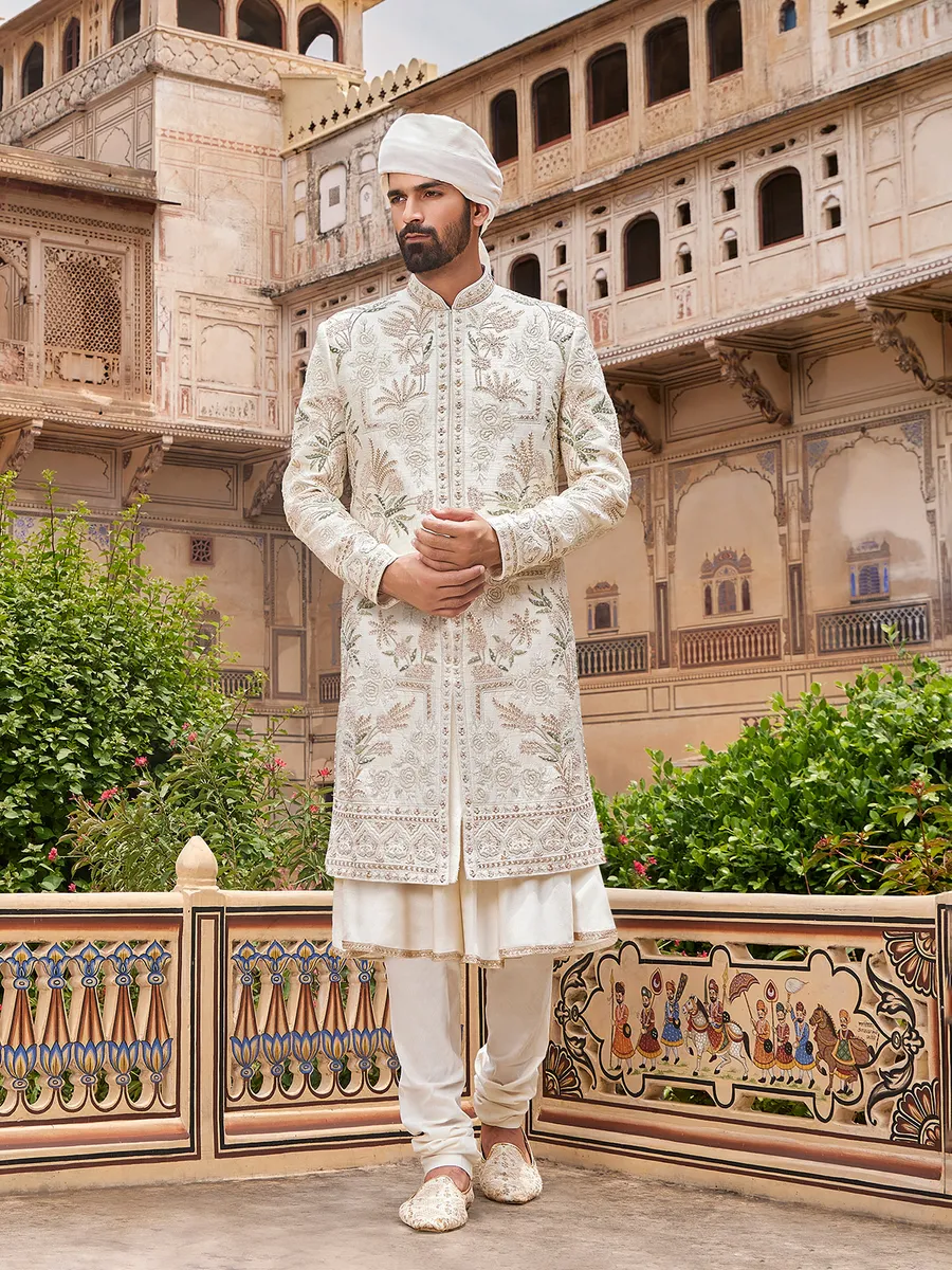 Royal white raw silk sherwani