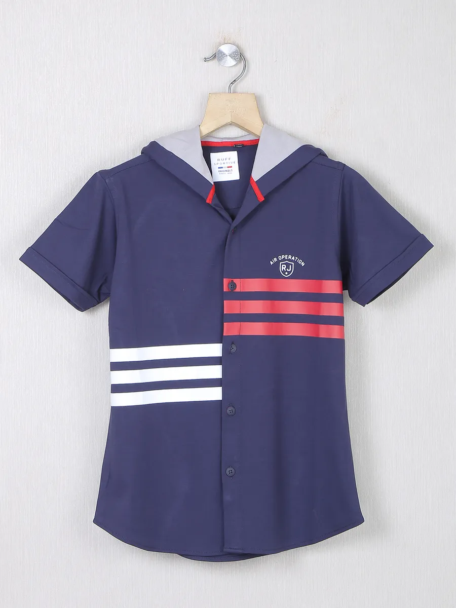 Ruff navy printed cotton casual wear shirt