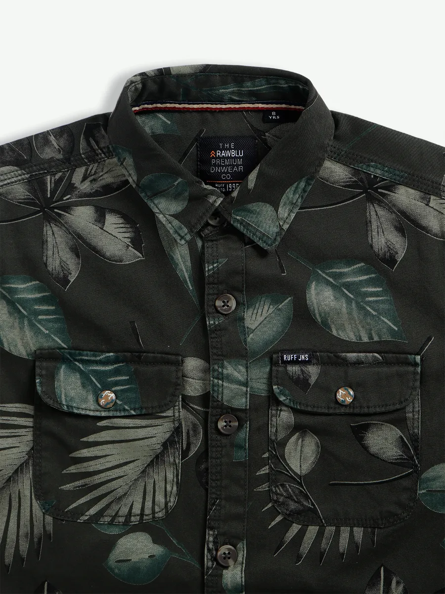 Ruff printed dark green cotton shirt