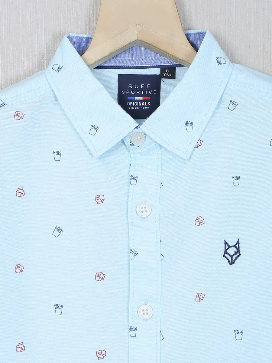 Ruff printed sky blue casual cotton shirt