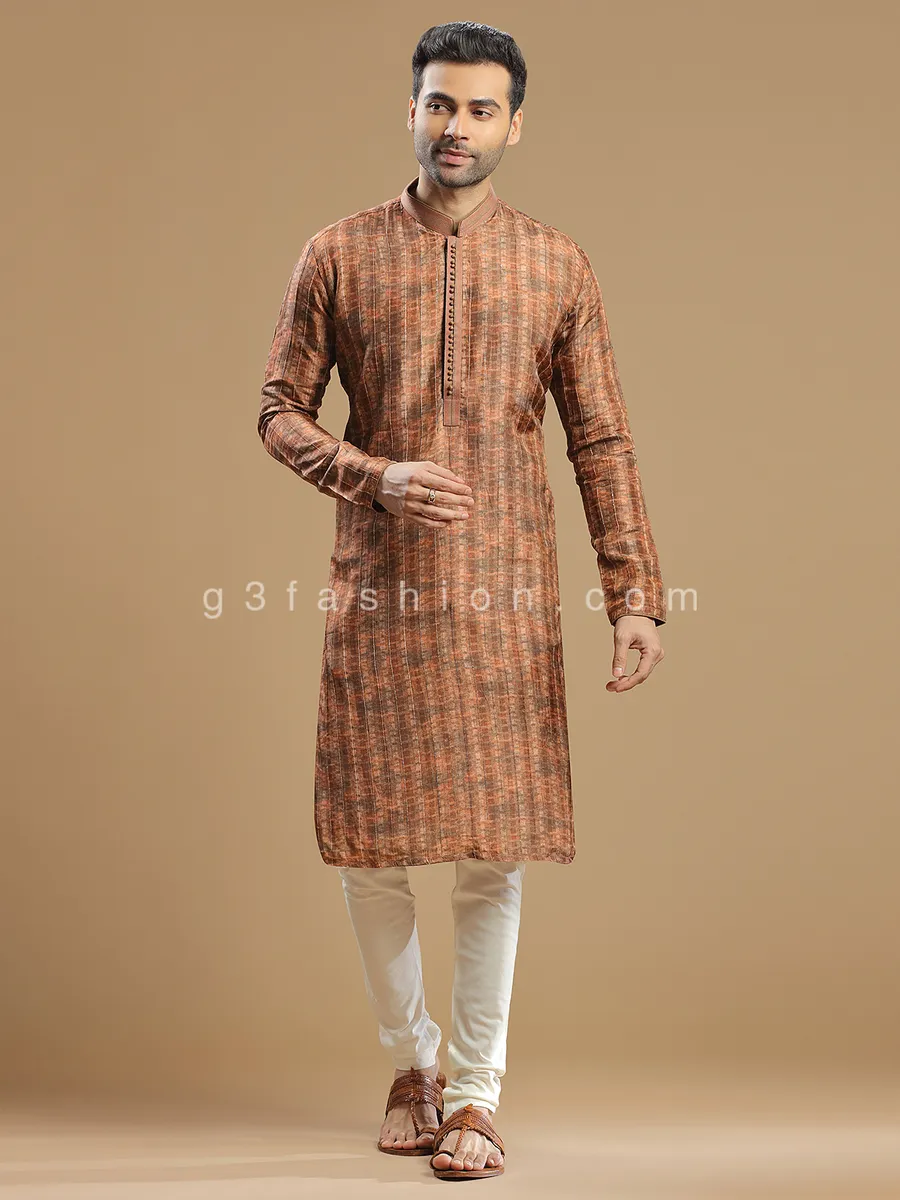 Rust orange men festive wear silk  Kurta pajama