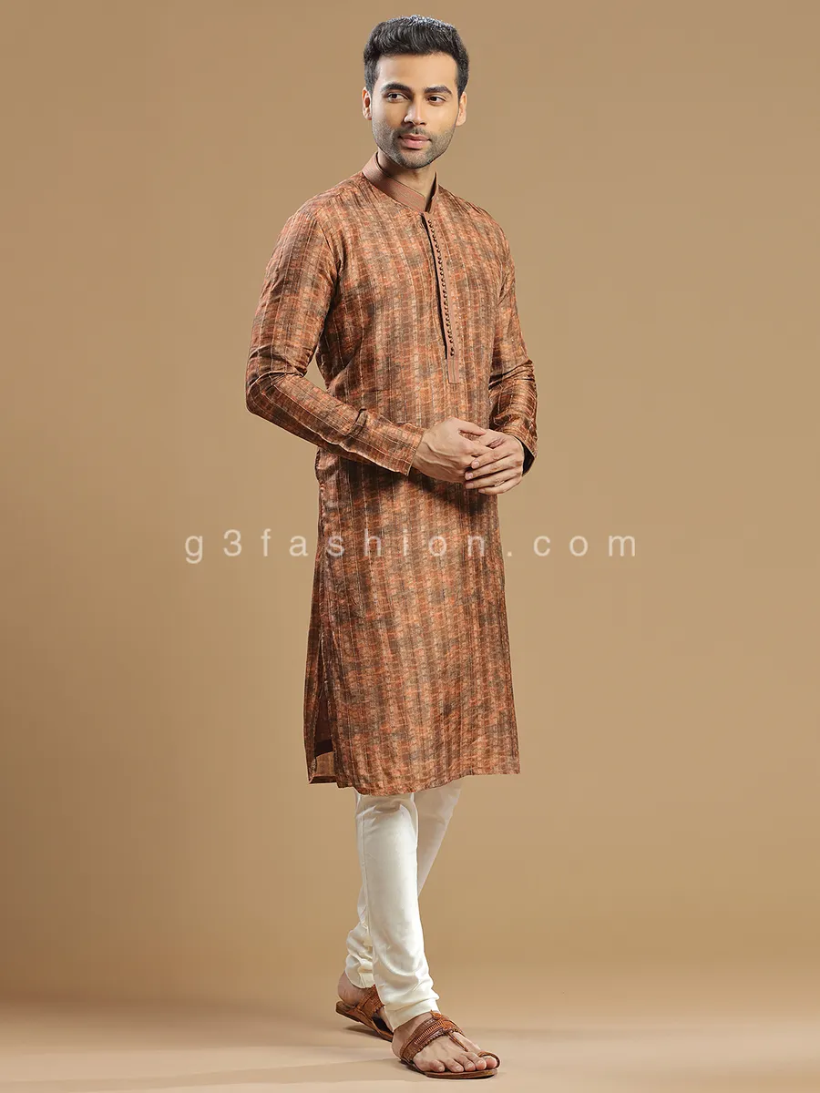 Rust orange men festive wear silk  Kurta pajama