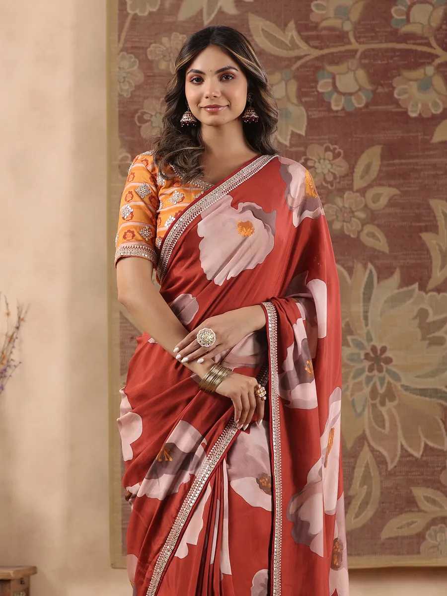 Rust orange muslin printed saree