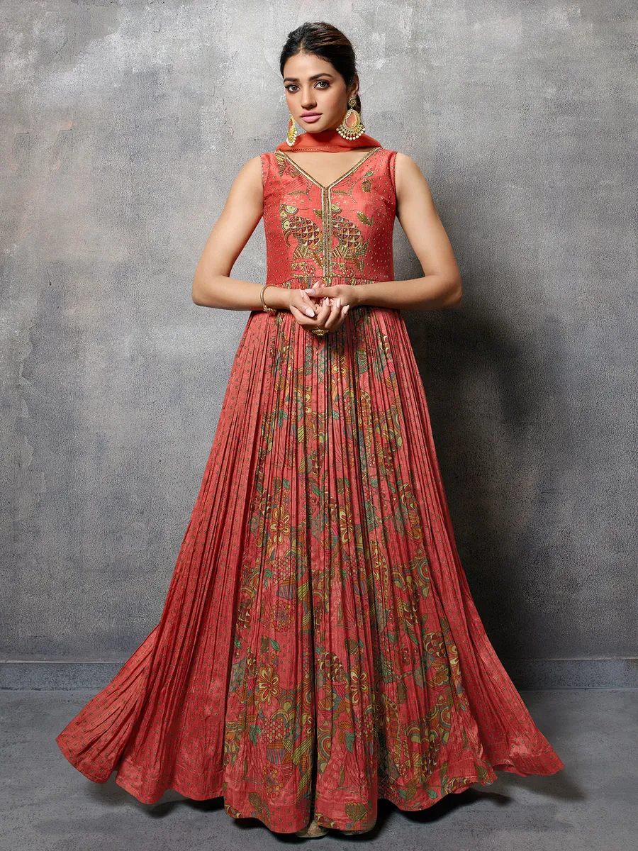 Rust orange printed anarkali suit in silk