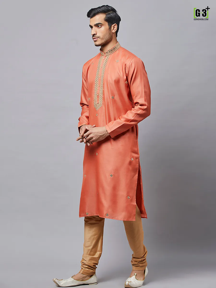 Rust orange silk Kurta Set for Men