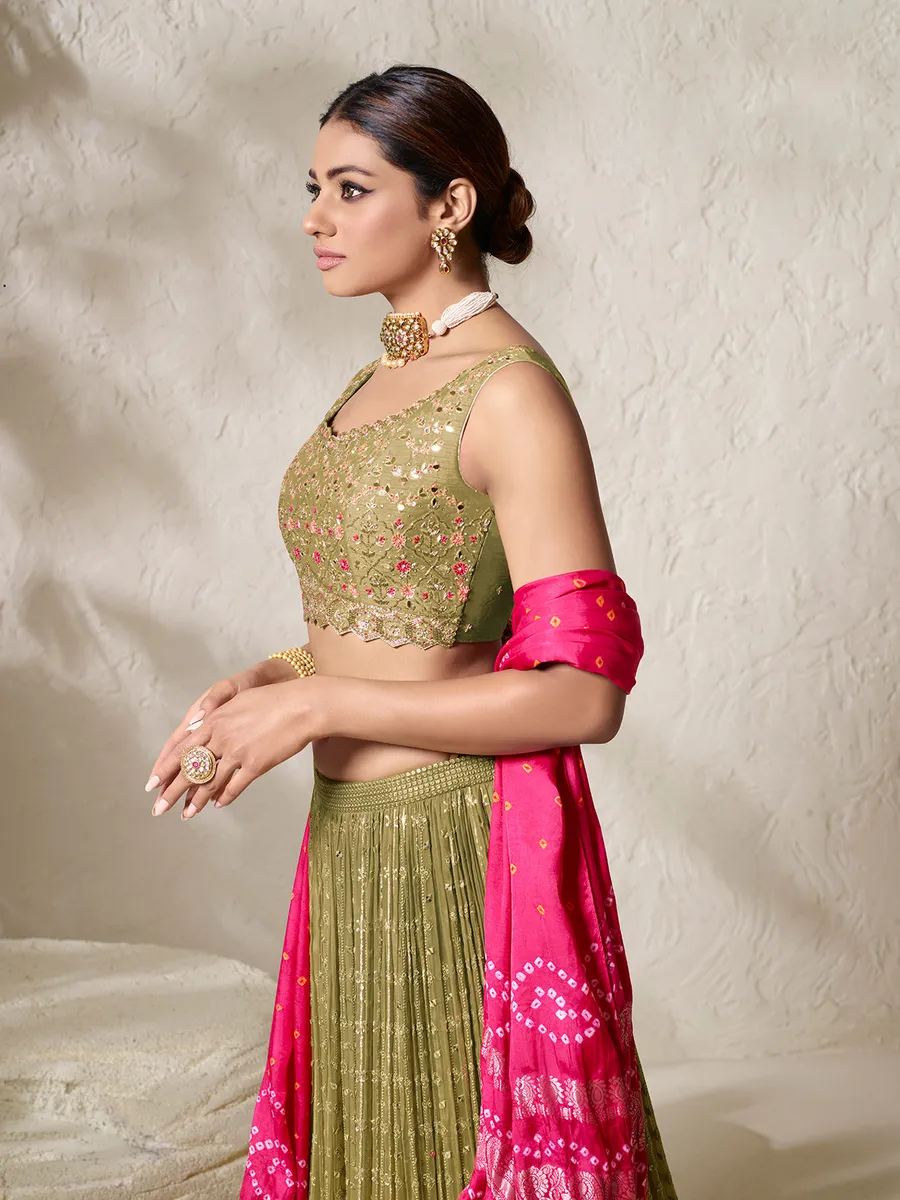 Sage green lehenga choli with printed dupatta