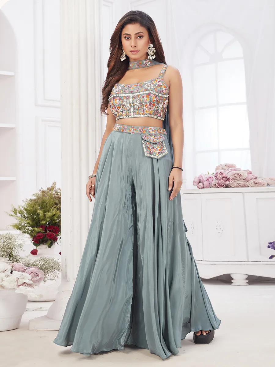 Sage green palazzo suit with choker dupatta