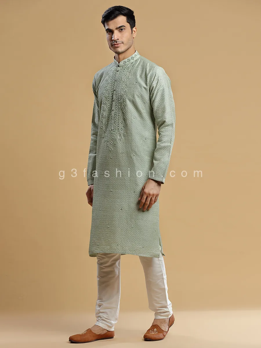 Sage green rich silk fabric kurta suit