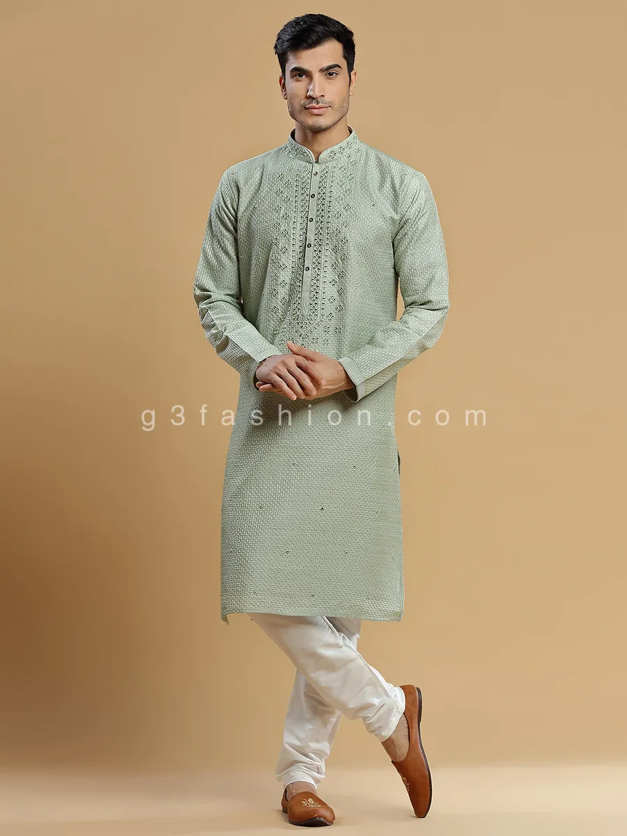 Sage green rich silk fabric kurta suit