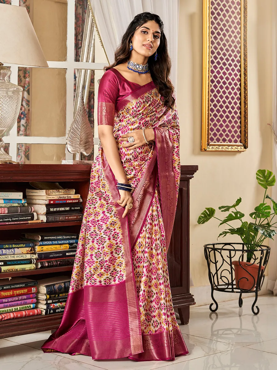 Satin digital printed saree in magenta