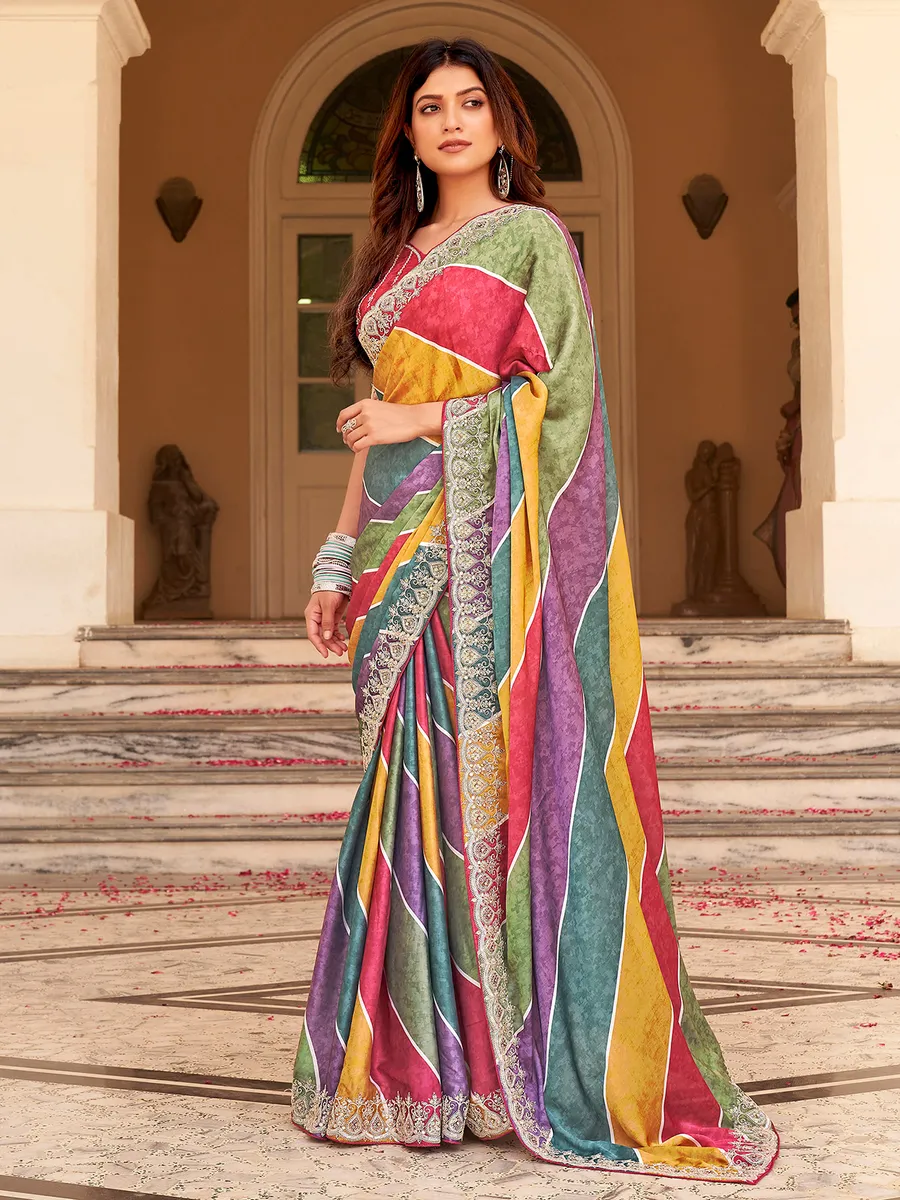 Satin multi color stripe saree