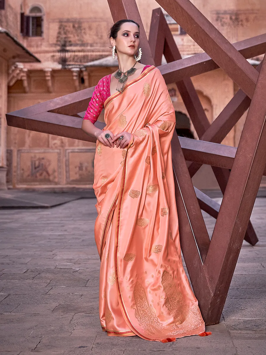 Satin peach zari weaving saree