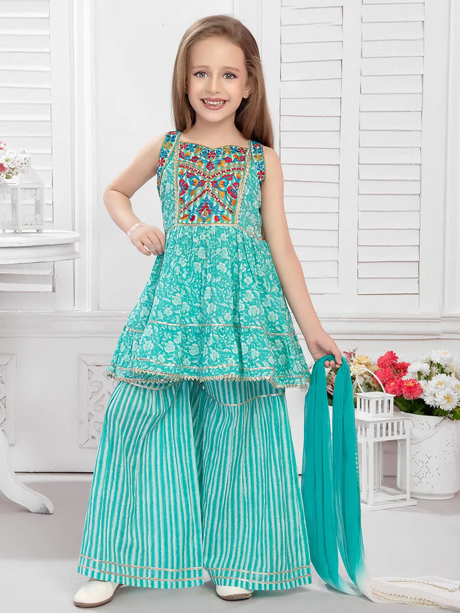 Sea green cotton embroidery sharara set