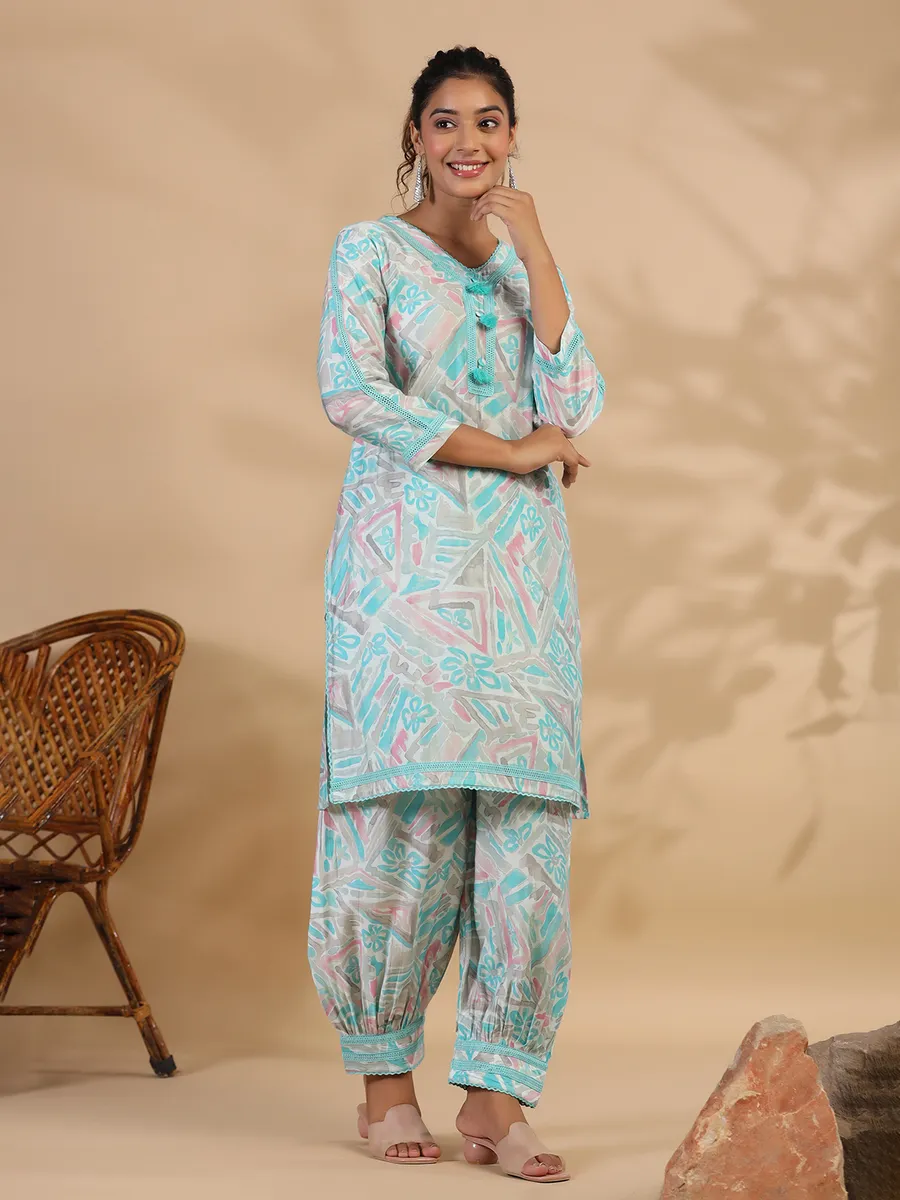 Sea green cotton printed casual co ord set