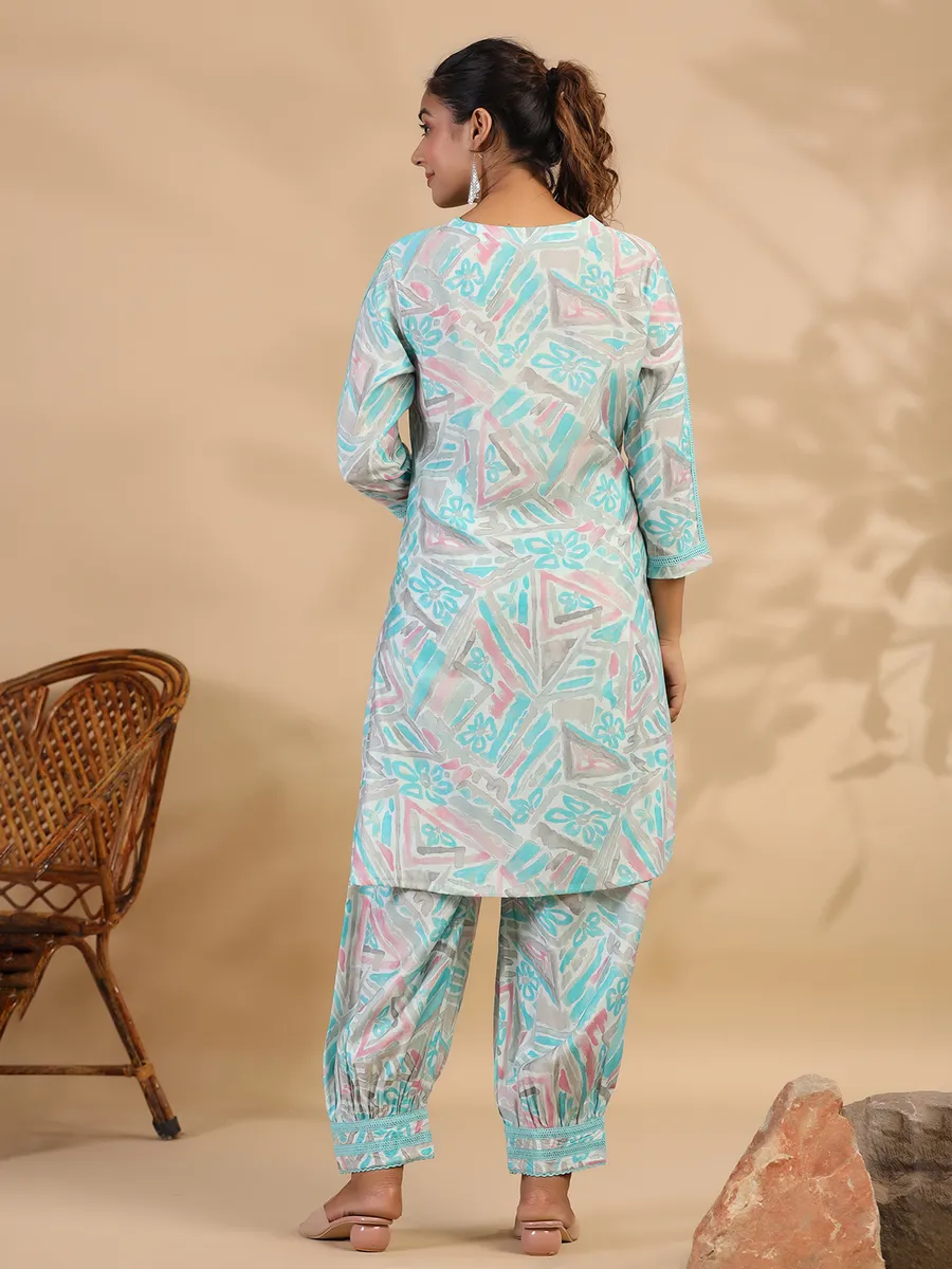 Sea green cotton printed casual co ord set